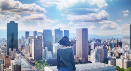 日本の街・都市・朝日を受けたオフィスビル群を前に佇み風を受けて髪をなびかせる会社員の女性の出勤　就職・ビジネス・はじまり・決意・目標・挑戦のイメージ