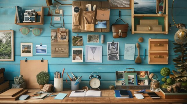A personalized workspace setup featuring personal items like photographs, trinkets, and souvenirs on a wooden desk, with room for adding text or captions with minimalist style 