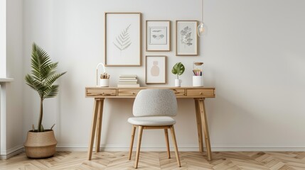 Fototapeta premium A stylish wooden desk decorated with stationery items and framed art prints, leaving space on the desk and walls for adding text or branding with minimalist style