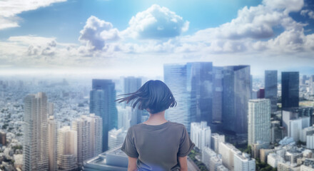 日本の街・都市・朝日を受けたオフィスビル群を前に佇み風を受けて髪をなびかせる会社員の女性の出勤　就職・ビジネス・はじまり・決意・目標・挑戦のイメージ