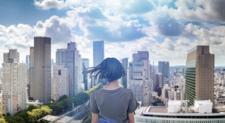 日本の街・都市・朝日を受けたオフィスビル群を前に佇み風を受けて髪をなびかせる会社員の女性の出勤　就職・ビジネス・はじまり・決意・目標・挑戦のイメージ