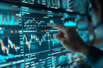 Fototapeta premium Finance trade manager analyzing stock market indicators for best investment strategy, financial data and charts, digital