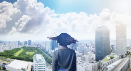 日本の街・都市・朝日を受けたオフィスビル群を前に佇み風を受けて髪をなびかせる会社員の女性の出勤　就職・ビジネス・はじまり・決意・目標・挑戦のイメージ