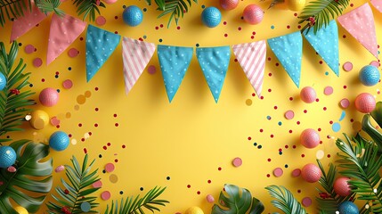 Fototapeta premium A bright yellow background with festive bunting flags and a clear section for text. - Event decoration background