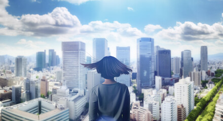 日本の街・都市・朝日を受けたオフィスビル群を前に佇み風を受けて髪をなびかせる会社員の女性の出勤　就職・ビジネス・はじまり・決意・目標・挑戦のイメージ