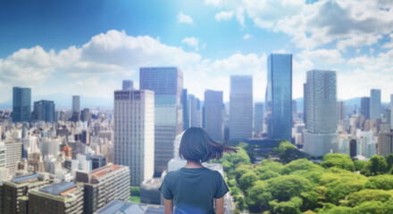 日本の街・都市・朝日を受けたオフィスビル群を前に佇み風を受けて髪をなびかせる会社員の女性の出勤　就職・ビジネス・はじまり・決意・目標・挑戦のイメージ