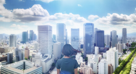 日本の街・都市・朝日を受けたオフィスビル群を前に佇み風を受けて髪をなびかせる会社員の女性の出勤　就職・ビジネス・はじまり・決意・目標・挑戦のイメージ