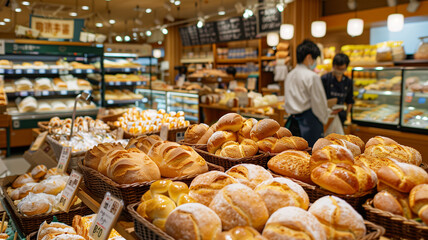 日本のスーパーマーケットのベーカリーコーナーとパン職人