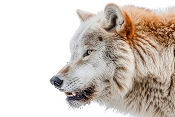 Obraz premium Mystic portrait of Arctic Wolf Tiger in studio, copy space on right side, Anger, Menacing, Headshot, Close-up View Isolated on white background