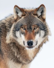 Mystic portrait of Gray Wolf, copy space on right side, Anger, Menacing, Headshot, Close-up View Isolated on white background