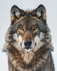 Mystic portrait of Gray Wolf, copy space on right side, Anger, Menacing, Headshot, Close-up View Isolated on white background