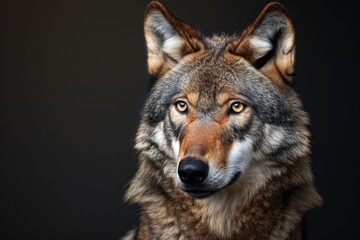 Mystic portrait of Gray Wolf in studio, copy space on right side, Anger, Menacing, Headshot, Close-up View Isolated on black background
