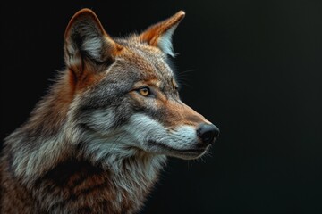 Fototapeta premium Mystic portrait of Himalayan Wolf in studio, copy space on right side, Anger, Menacing, Headshot, Close-up View Isolated on black background