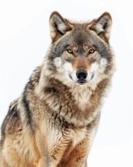 Fototapeta premium the Gray Wolf, portrait view, white copy space on right Isolated on white background