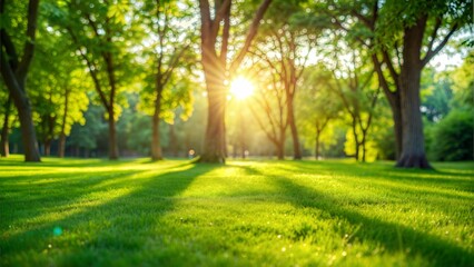 Dappled Light Lawn Blur: A green blurred background with dappled sunlight filtering through trees onto a neatly trimmed lawn.
