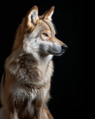 Obraz premium the Himalayan Wolf, portrait view, white copy space on right Isolated on black background