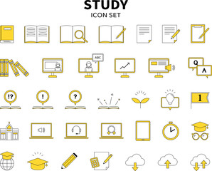 教育　勉強　学習　イラスト　アイコン　セット　パソコン　モバイル　ノート　文具　シンプル　線画　黄色