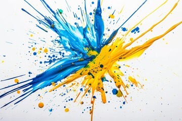 Abstract Painting: Blue and Yellow Color Splash on White Background, Vibrant and Dynamic