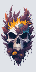 Colorful flowers bloom around a trendy skull engulfed in vivid flames with a demonic touch.
