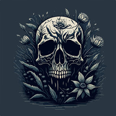 Obraz premium Gothic elegance: black & white portrayal of an ancient skull surrounded by flowers, resonating with dark honor.