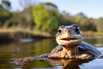 Obraz premium long-necked-turtle-smiling-at-camera-heathcote-victoria-australia