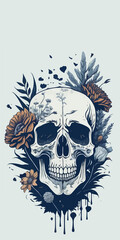 Fototapeta premium Gothic tribute: ancient skull surrounded by black & white flowers, symbolizing honor and the embrace of death.