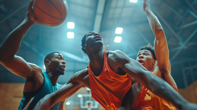 Multiracial group of men playing basketball at indoor court. -