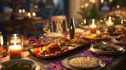 Festive Holiday Dinner Table with Candles and Decorative Cuisine