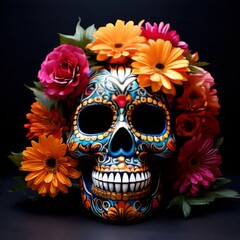 Day of the dead skull surrounded by candles and flowers mexican skull skeleton head dia de los muertos