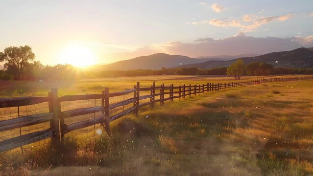 landscape fenced ranch at sunrise. seamless looping overlay 4k virtual video animation background