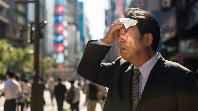 熱い夏の日に汗を拭くビジネスマン