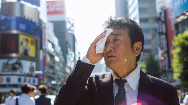 熱い夏の日に汗を拭くビジネスマン