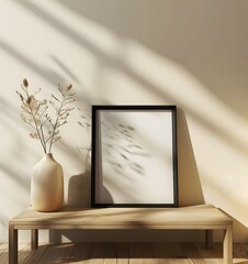 3D rendering of an empty black frame on a table, with a minimalistic interior design featuring light beige walls and wooden furniture, plants in a vase, with sunlight casting shadows, clean lines