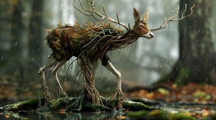 Mystical Forest Creature with Antlers and Branches