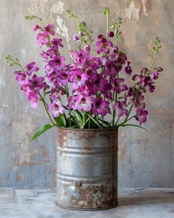 Fototapeta premium A beautiful bouquet of purple flowers in a rustic metal container