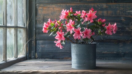 Fototapeta premium A beautiful still life of a potted azalea plant with delicate pink flowers, placed in front of an old wooden window