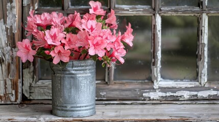 Fototapeta premium A beautiful bouquet of pink azaleas in a rustic metal bucket sits on a wooden window sill