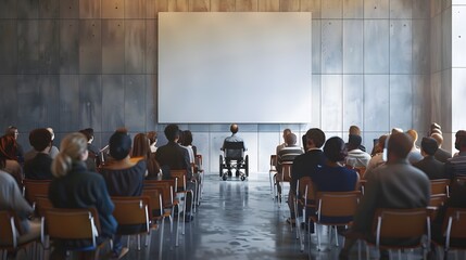 Presentation in an Auditorium Setting with Audience Seated in Rows