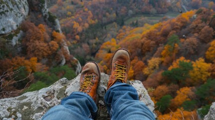 Contemplating the Beauty of Autumn A Person Atop a Cliff with Boots Enjoying Spectacular Fall Foliage