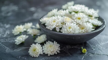 A beautiful arrangement of white spider mums in a dark bowl