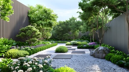 Tranquil Modern Garden Landscape with Lush Greenery and Gravel Path