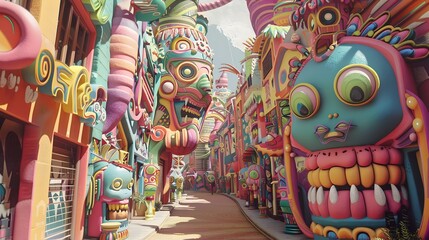 Obraz premium Vibrant and Surreal Alleyway of Colorful Fantasy Sculptures and Shops