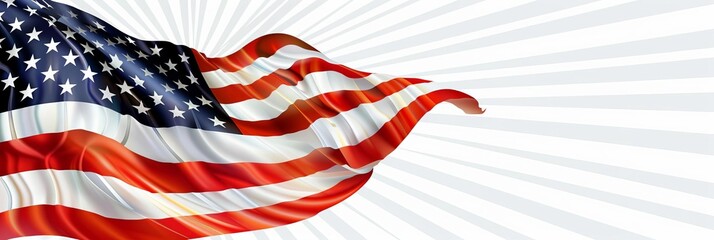 4th of July Banner, USA flag waving with stars on white rays background