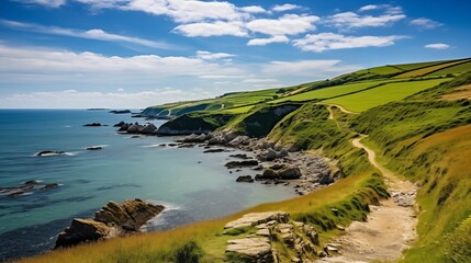 Scenic Coastal Path along the Green Cliffs Leading to a Tranquil Ocean