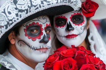 Couple dressed as Catrina to honor the dead in Mexico, with white face paint and red roses