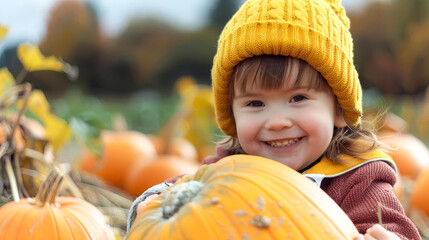 Happy child picking pumpkins