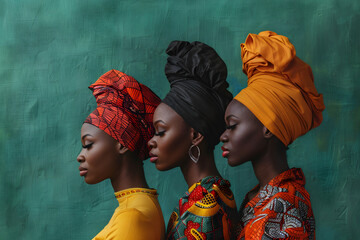 Three young African women wearing headdresses in the colors of the African flag on a green background, celebrating woman's day, black history month, juneteenth, keti koti, or remembrance abolition.