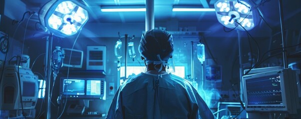 The anesthesiologist using a futuristic device to administer anesthesia, with visual effects like soft glowing lights