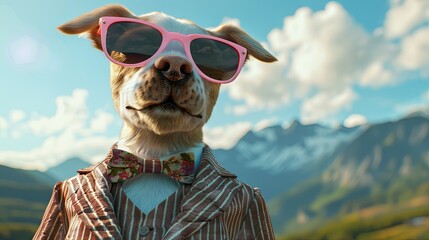 Portrait of a funny dog in pink sunglasses and a classic suit against a background with green mountains, a blurred blue sky and clouds. A summer vacation on a mountain top concept with copy space