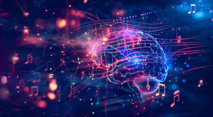 Neon-lit digital brain with vibrant music notes and neural pathways